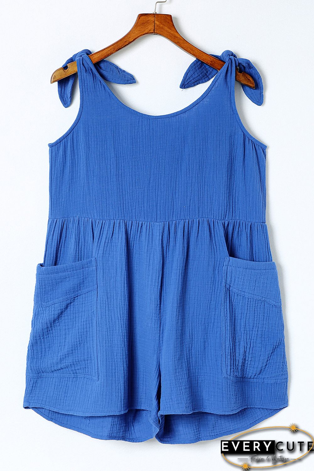 Blue Textured Knotted Straps High Waist Wide Leg Romper