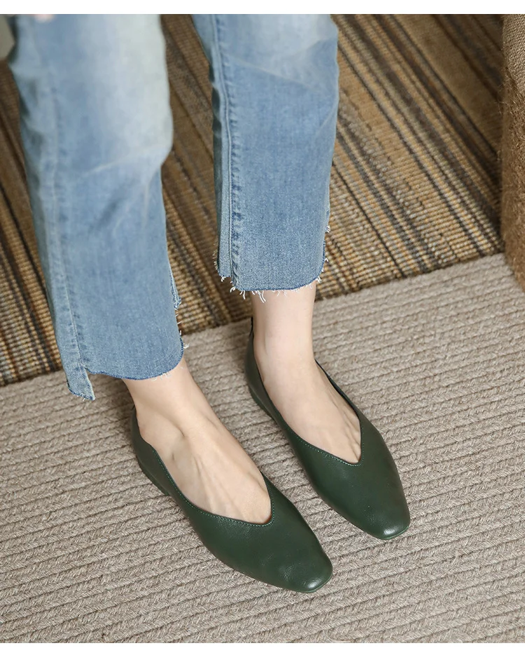 Zhungei Leather Low-heeled Women Shoe 2023 Spring Soft Leather Flat Bottom Shallow Cut Single Shoe Versatile Casual Heel Loafers