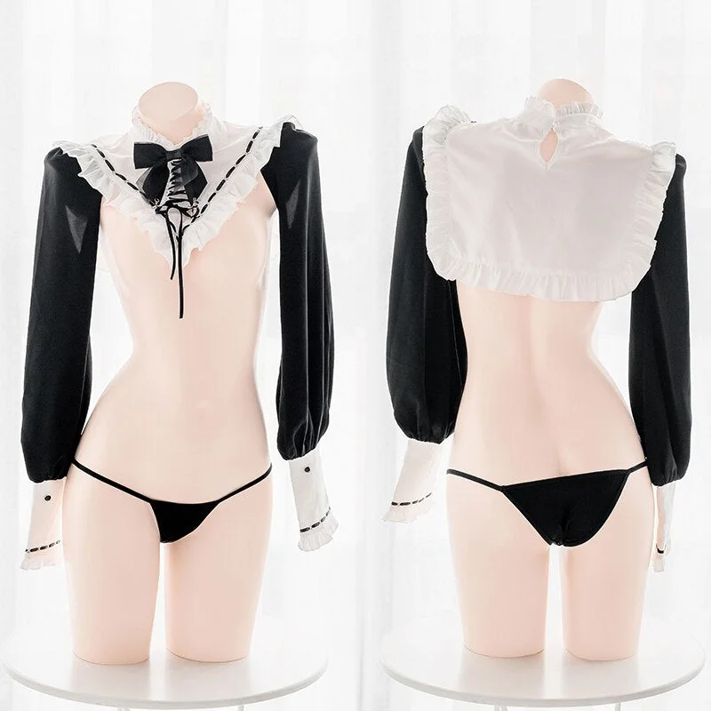 Sweet Black White Nun Collar Hollow Out Top Lingerie BE327