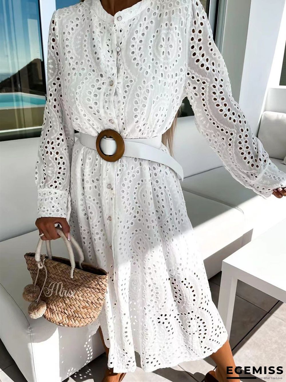 Casual Lace Round Neck Belt Long Dress Women White Dresses | EGEMISS