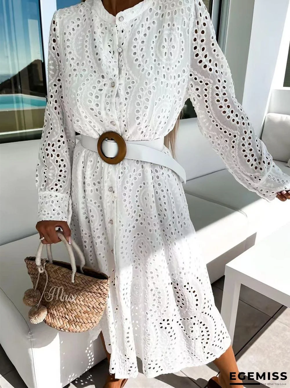 Casual Lace Round Neck Belt Long Dress Women White Dresses | EGEMISS