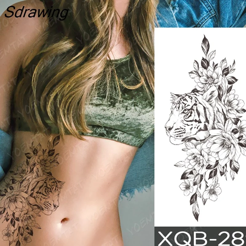 Sdrawing Temporary Tattoo Sticker Rose Snake Flower Tattoos Lace Tiger Dragon Body Art Arm Fake Sleeve Tatoo Women