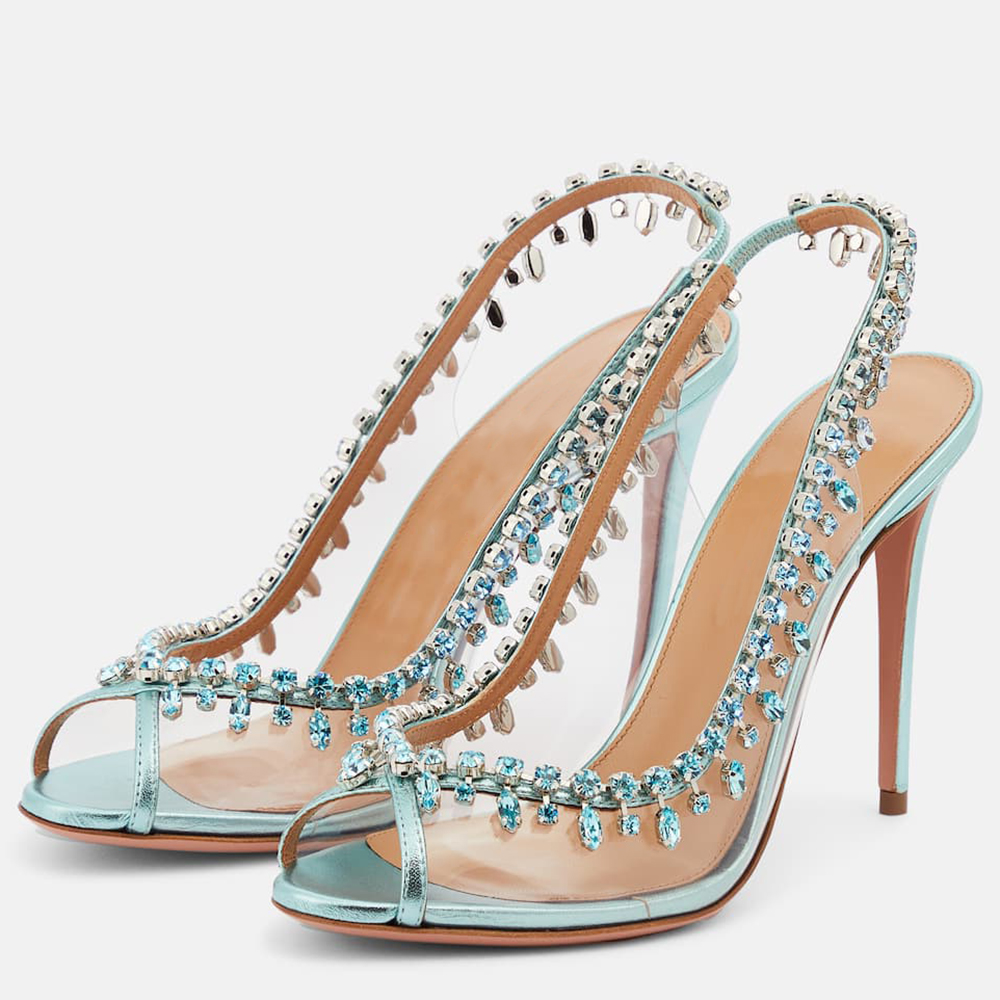 Blue & Clear Peep Toe 4'' Stiletto Heel Rhinestone Sandals Nicepairs