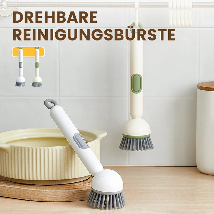Rotatable cleaning brush with long handle, suitable for tableware and cookware.
