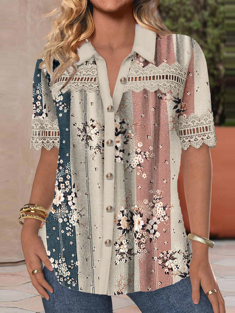 Women's Short Sleeve V-neck Lace Stitching Hollow Graphic Top