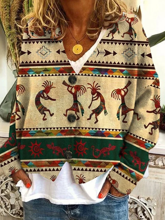 Vintage Printed Casual Loose Buttoned Flannel Cardigan