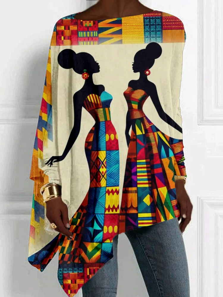 VChics Africa Kente Woman Pattern Bat Sleeve T Shirt