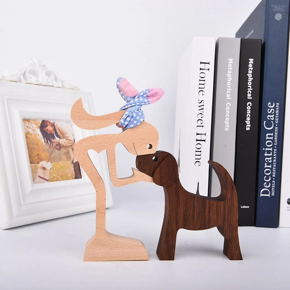Puppy Family Wood Dog Carving Ornament Christmas Decoration Home Decor Figurine Desktop Table Sculptures For Dog Pet Lover Gifts