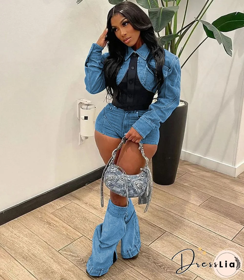 Denim Patchwork Jackets Shorts Two Piece Set