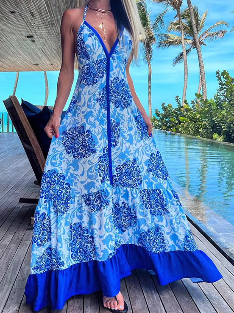 Women's Bohemian Print V Neck Ruffle Sleeveless Beach Maxi Dress