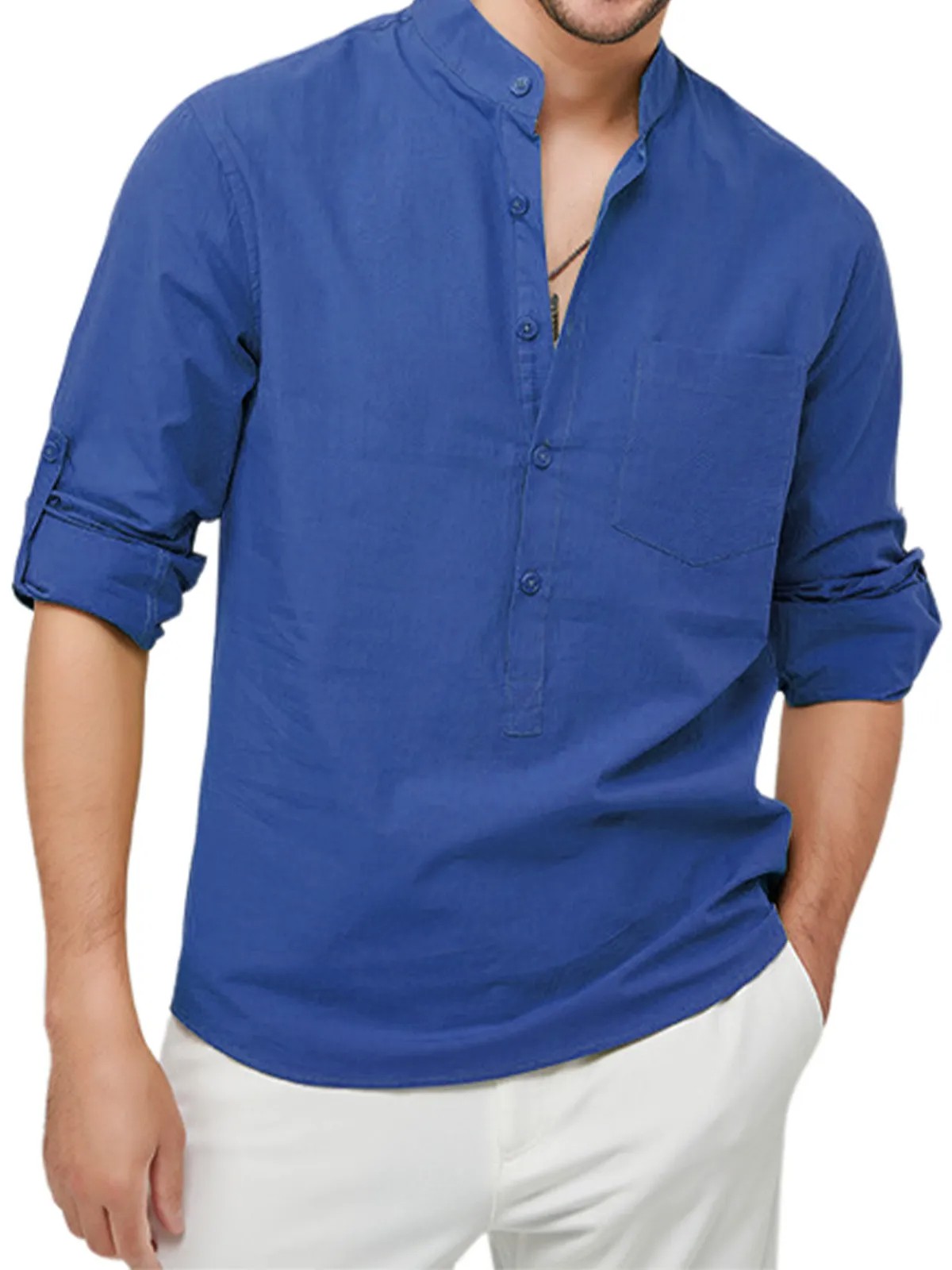 Men's cotton and linen solid color henley long sleeve shirt PLUSCLOTHESMAN