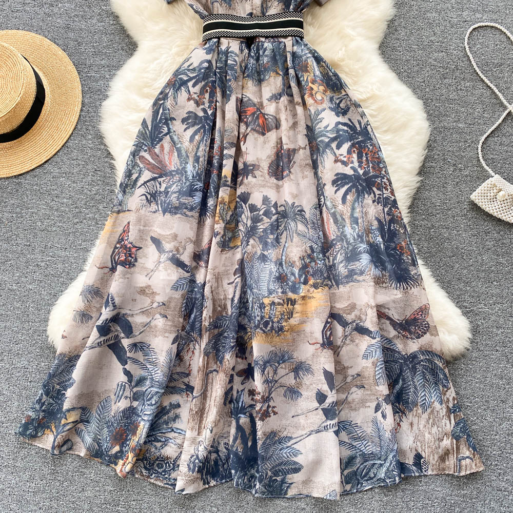 Women Vintage Party Dress Summer French Elegant Print Dress Ladies High Waist Retro Single Breasted Belt Casual Long Dress