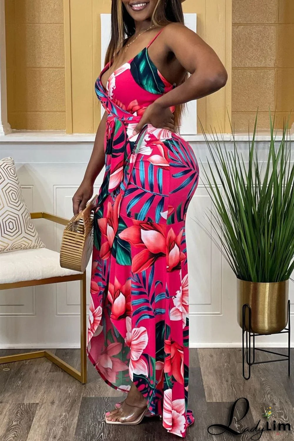 Green Sexy Casual Print Bandage Backless V Neck Sling Dress