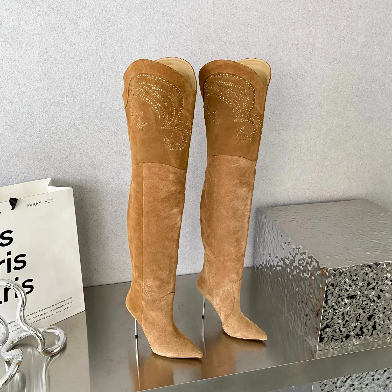 VCSHOES Thigh High Boots Women Crystal Pointy Toe Club Party Shoes Thin High Heels Over The Knee Long Boots For Women