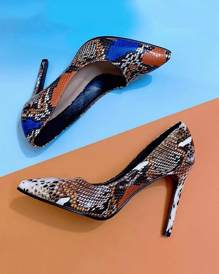 Fashion Pointed Colored Snake Print Stiletto Heels