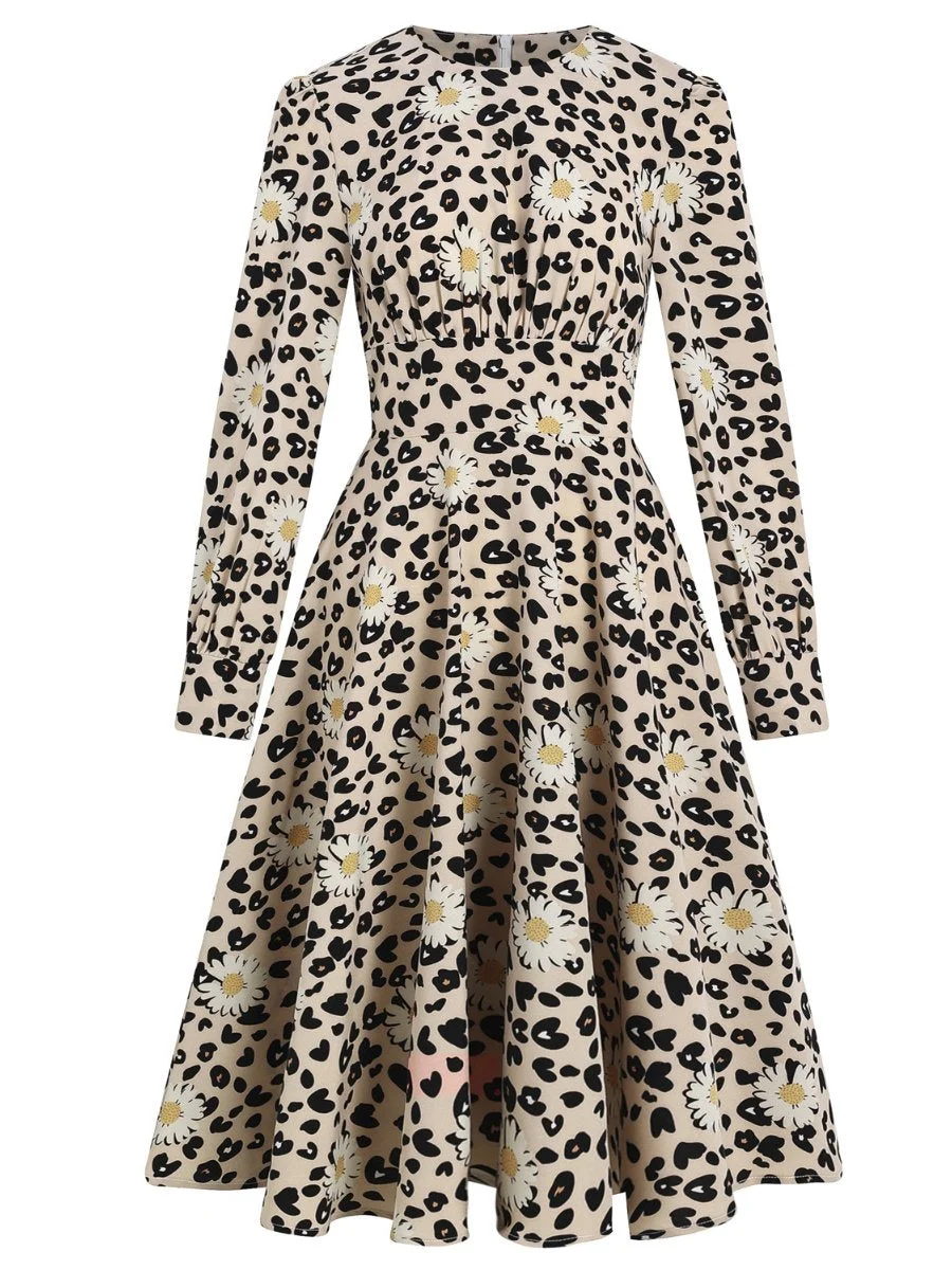 Women's 1950s Dress Leopard Floral Print Puff Sleeve O-Neck Midi Dress