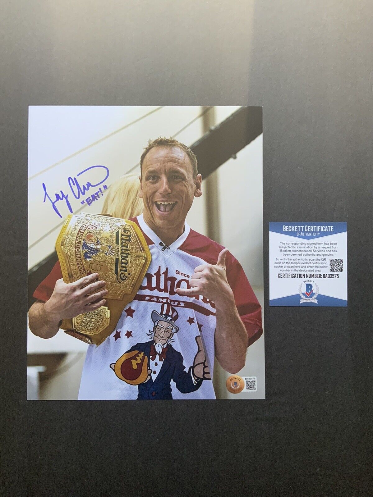 Joey Chestnut Hot! Signed autographed Nathan’s Eater 8x10 Photo Poster painting Beckett BAS Coa