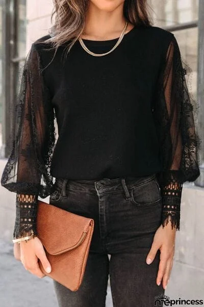 Lace Detail Mesh Lantern Sleeve Blouse