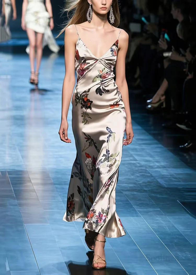 Classy V Neck Print Silk Cami Dresses Summer