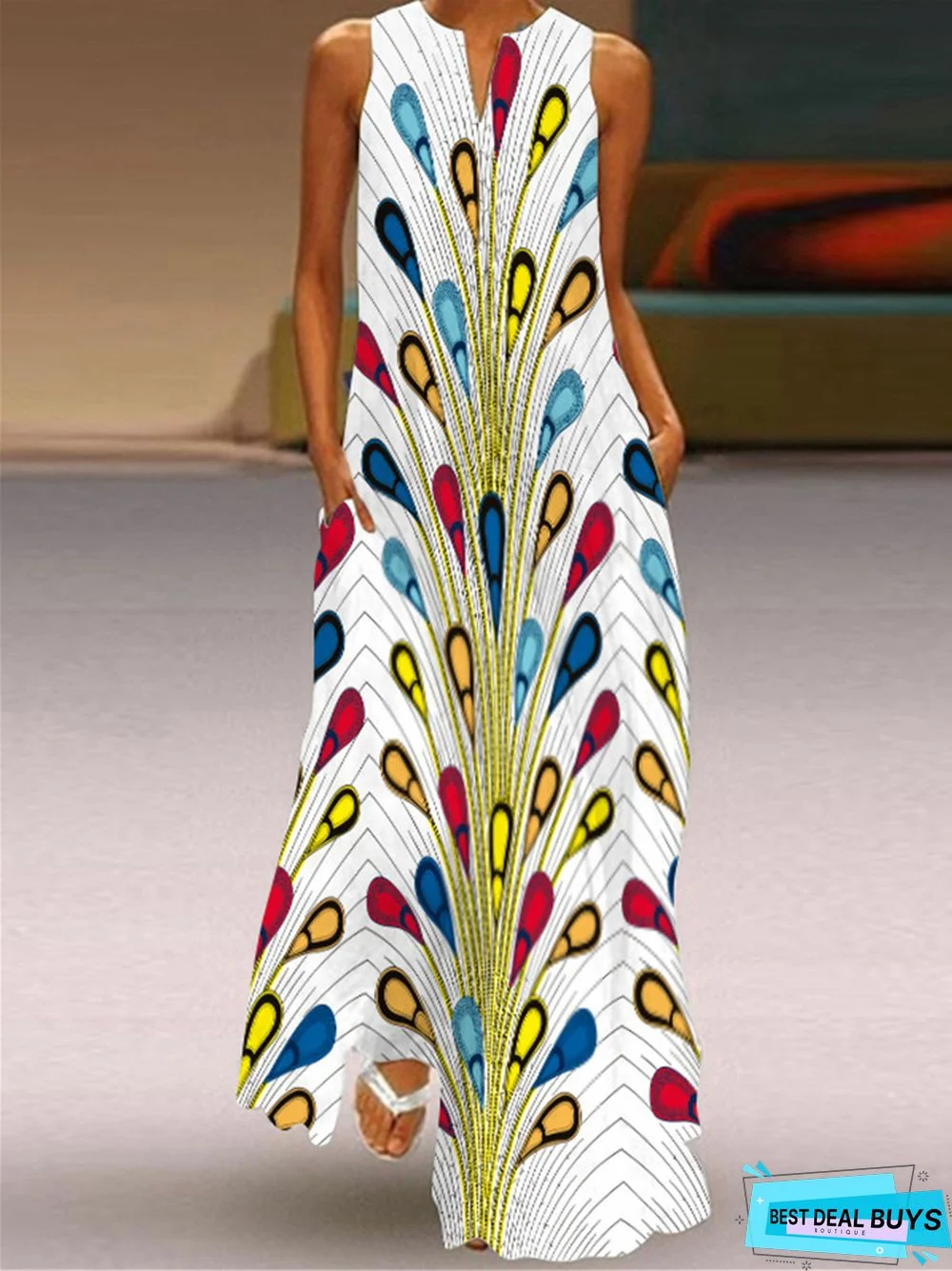 Digital Printed V-Neck Sleeveless Dress Pocket