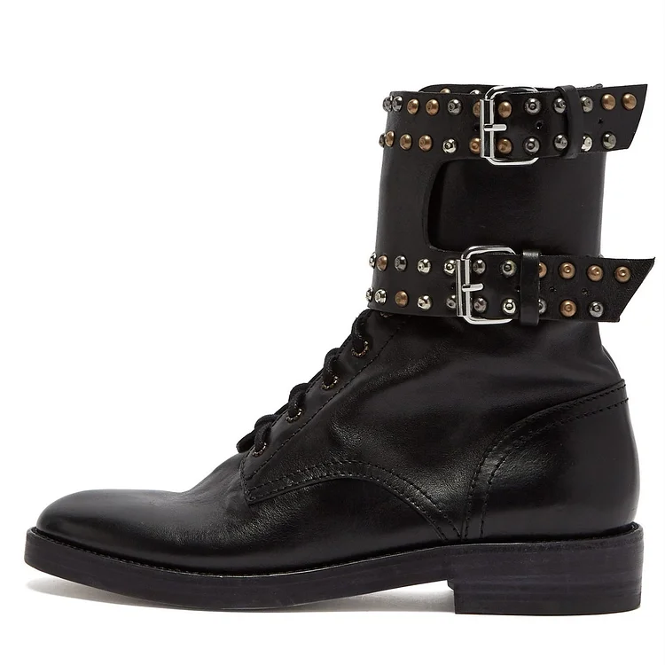 Black Flat Boots Round Toe Lace up Ankle Boots with Studs Buckles |FSJ Shoes