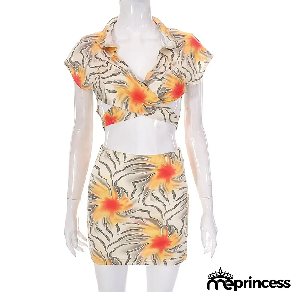 Women's Summer Printed Wrap Crop Top + Skirt Casual Set
