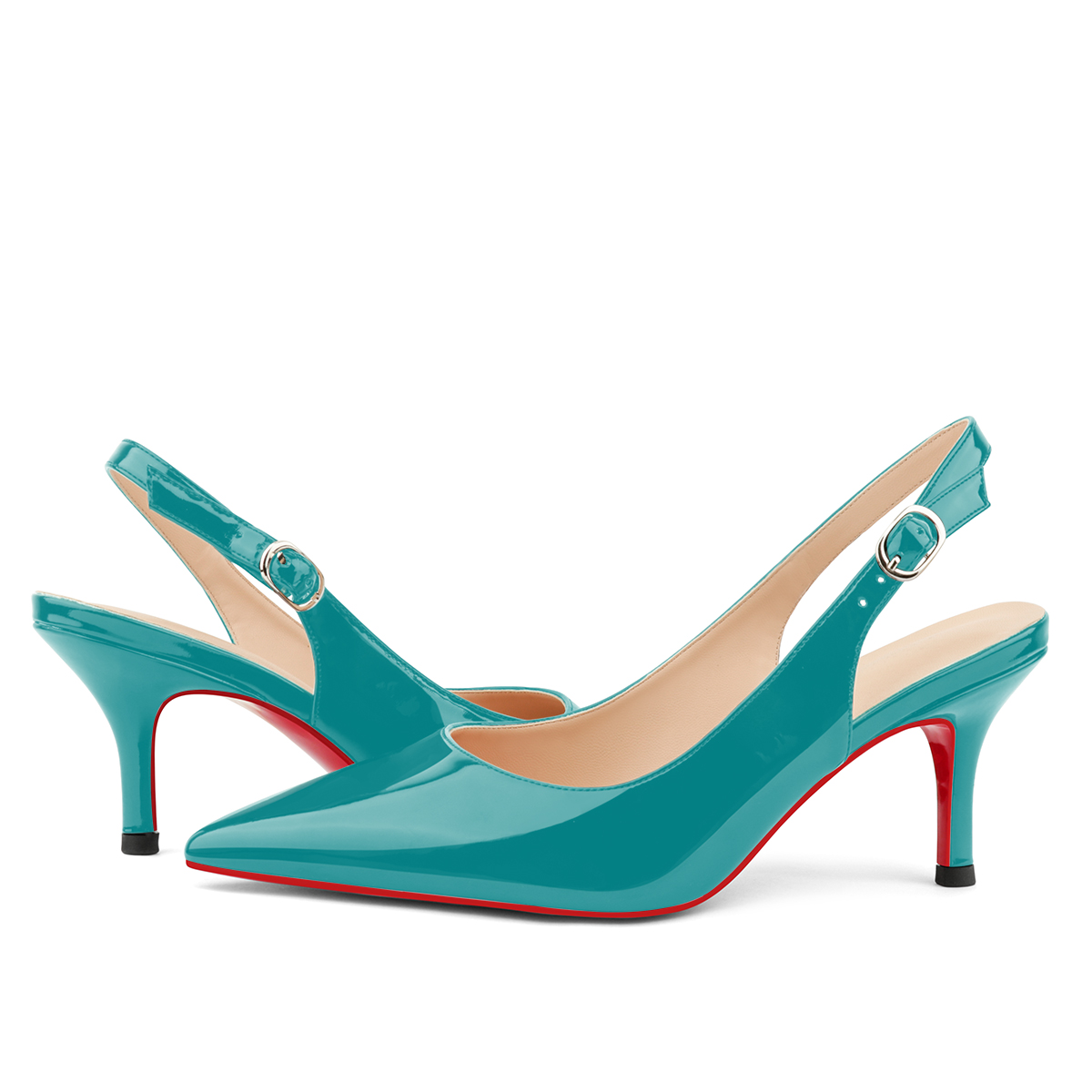 2.36" Women's Pointed Toe Red Bottom Sandals Slingback Shoes Kitten Heel Pumps Patent-MERUMOTE