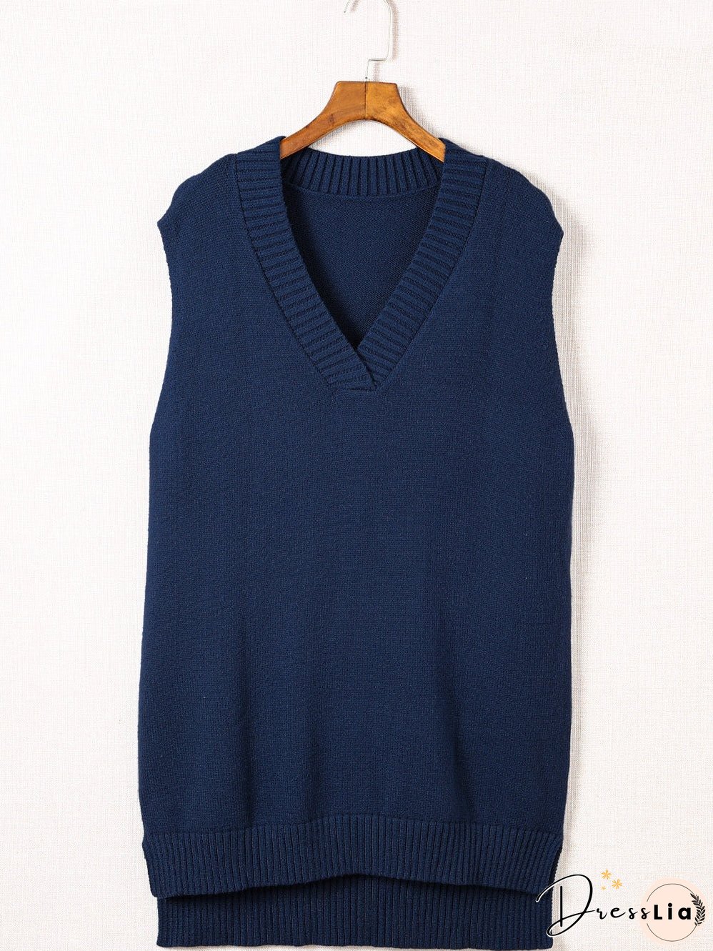 Navy Blue Ribbed Knitted Sleeveless Vest Sweater