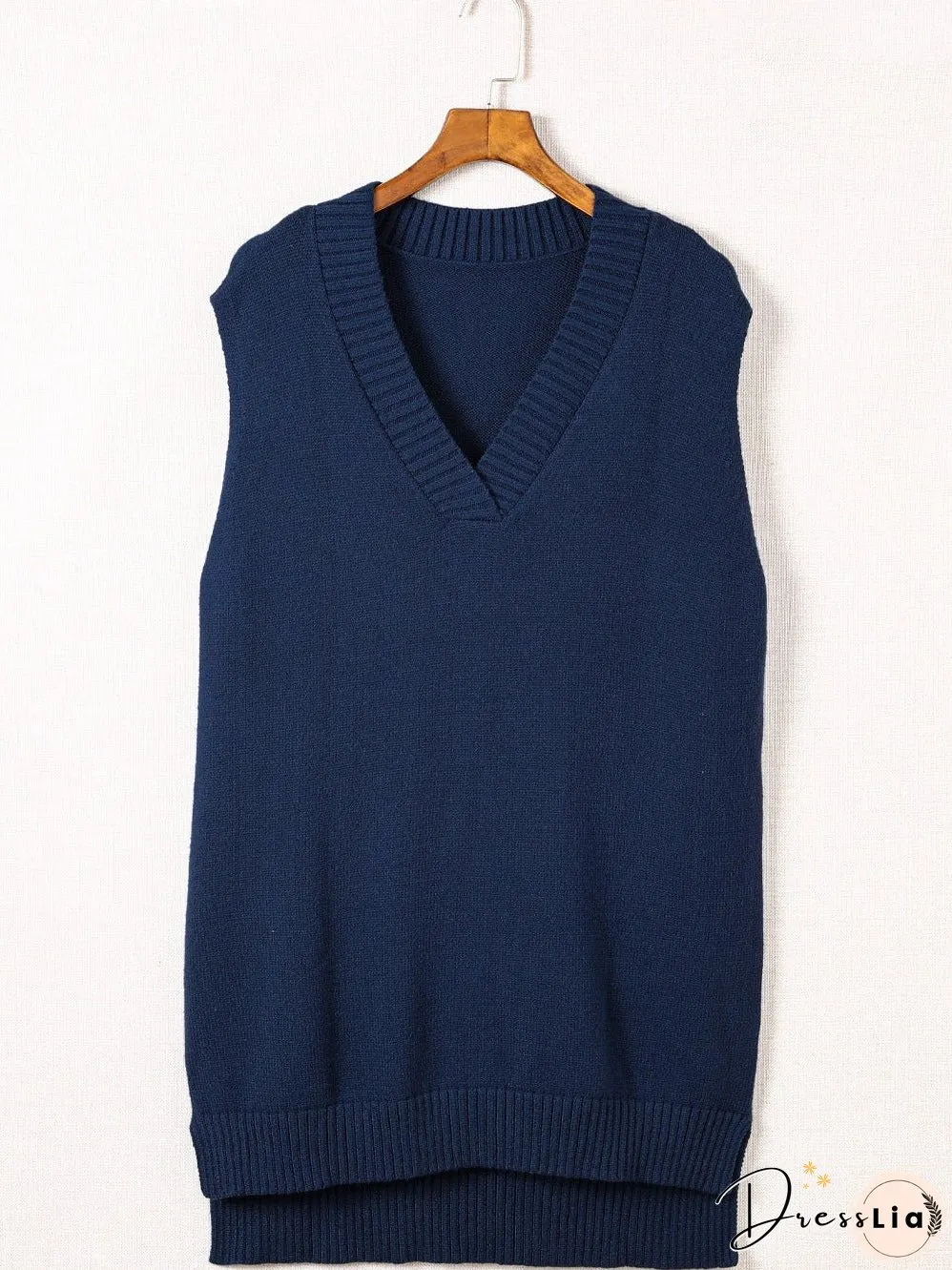 Navy Blue Ribbed Knitted Sleeveless Vest Sweater