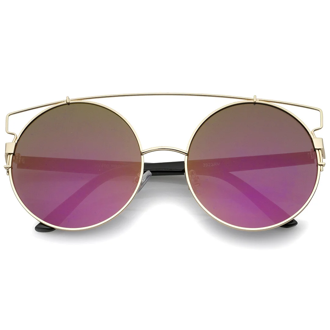 Oversize Metal Frame Horn Rimmed Crossbar Mirror Flat Lens Round glasses 62mm