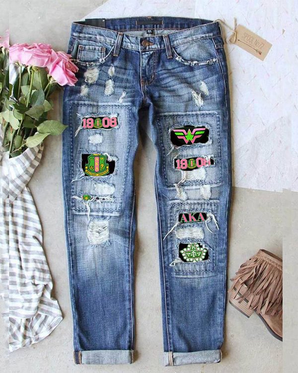 Blue Mid-Rise Printed Patch Ripped Jeans