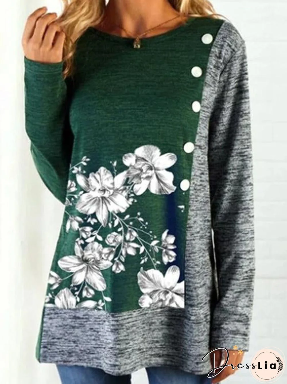 White Flower Green&Grey Joint Women Top