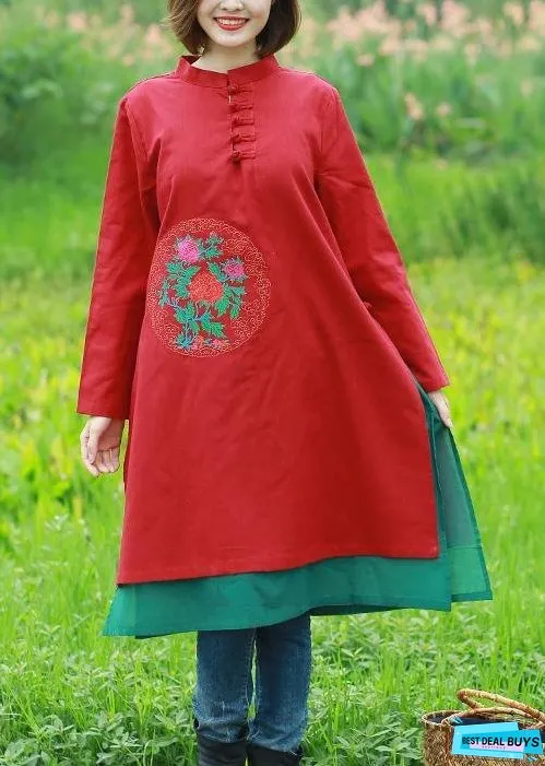 Women Red Embroidery Quilting Clothes Stand Collar Long Spring Dress