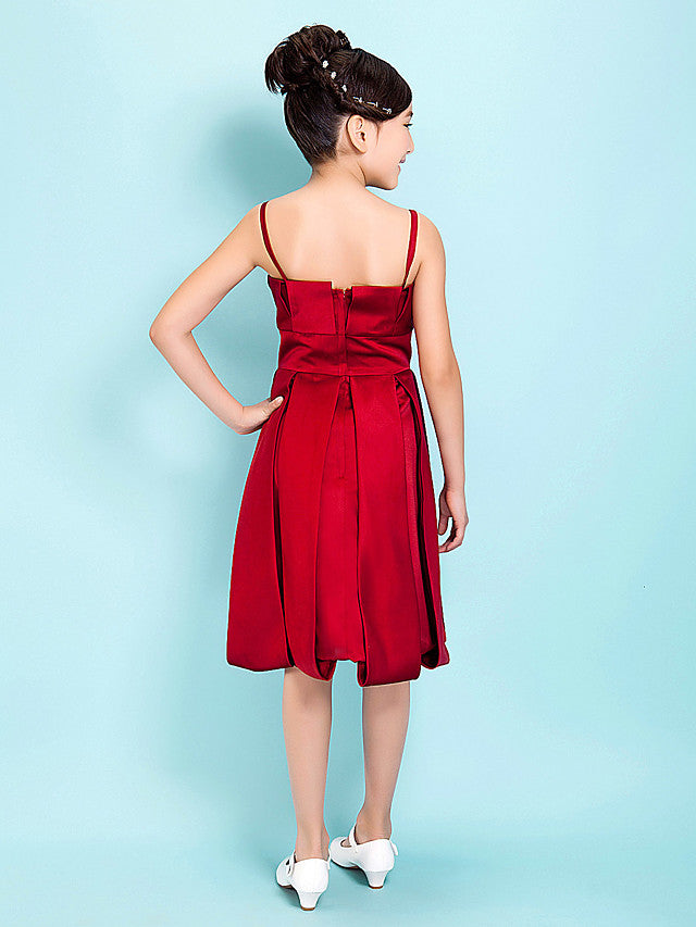 Princess / A-Line Spaghetti Strap Knee Length Satin Junior Bridesmaid Dress With Sash / Ribbon / Draping / Spring / Summer / Fall / Hourglass / Inverted Triangle