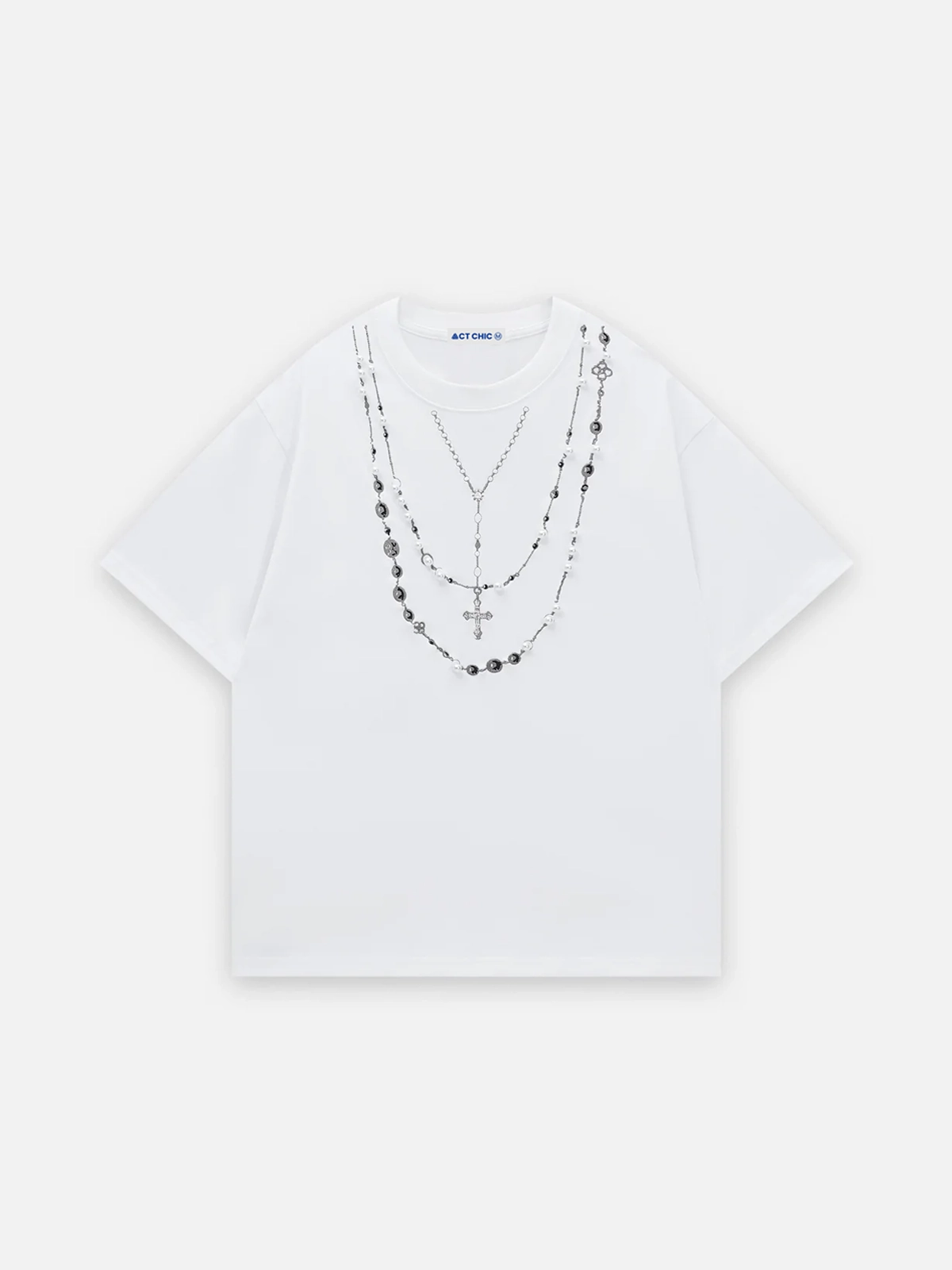 White Necklace Print Pearl Decorated T-shirt Front