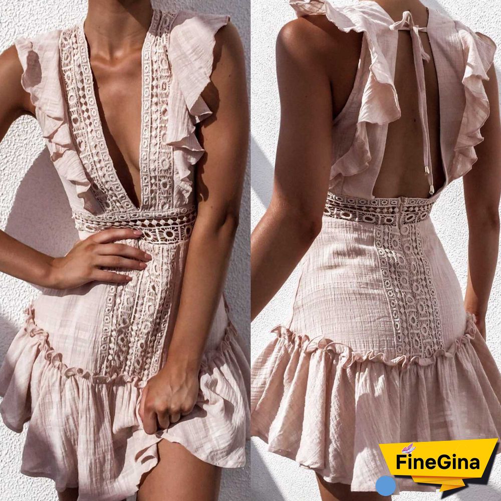 Ruffle Top Deep Plunging Eyelet Lace Crochet Frill Hem Dress