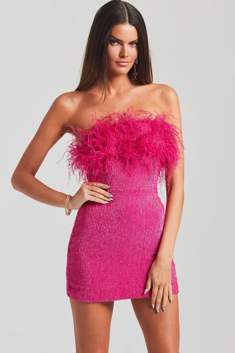 Off Shoulder Feather Bodycon Mini Sequin Dresses-Purple