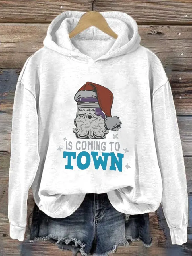 Women's Santa's Coming to Town Print Casual Long Sleeve Hoodie