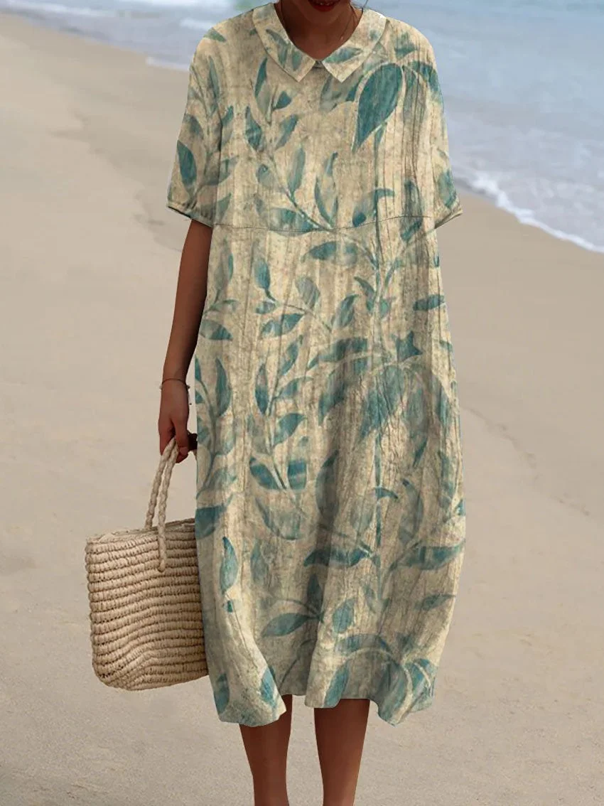 Women's Vintage Floral Art Print Pocket Linen Dress（Convertible Dress With Front And Back Option）