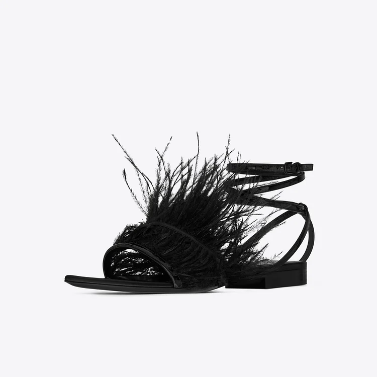 Black Open Toe Fur Summer Sandals Comfortable Flats Strappy Sandals |FSJ Shoes