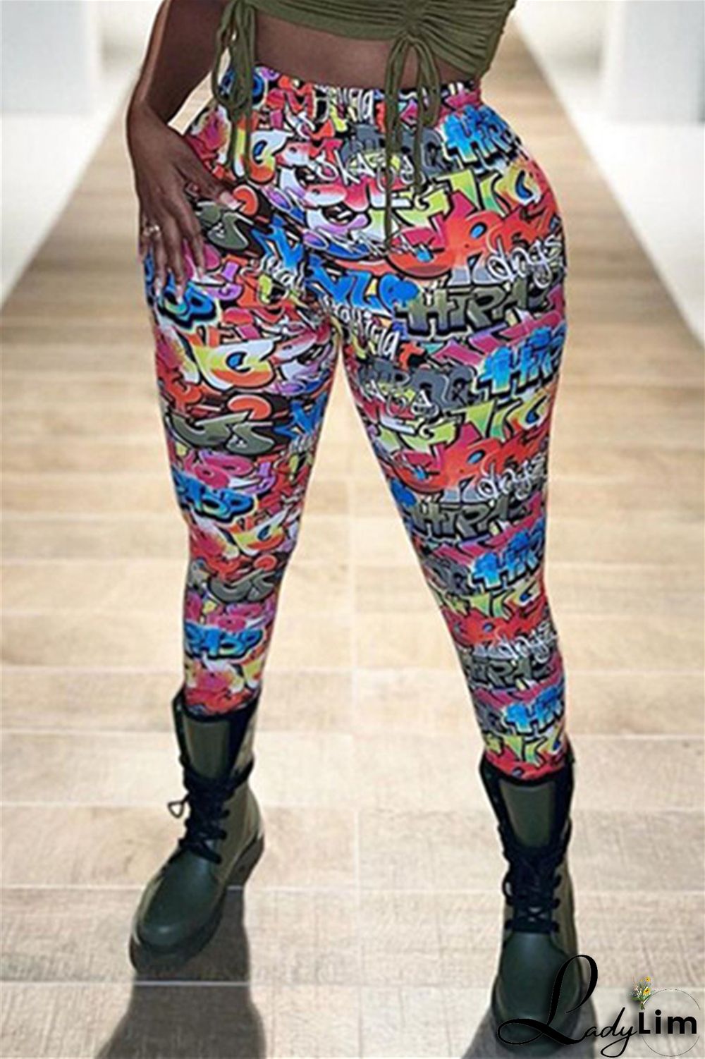 Yellow Fashion Casual Print Basic Skinny High Waist Pencil Trousers