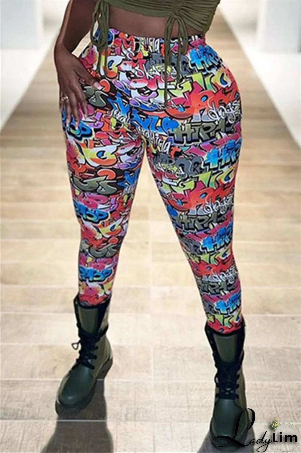 Yellow Fashion Casual Print Basic Skinny High Waist Pencil Trousers