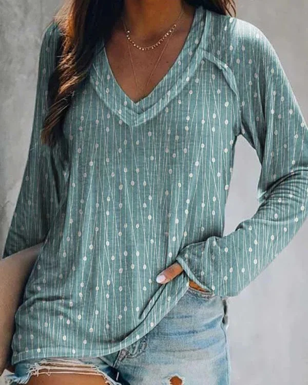 Casual Long Sleeve Pullover Print V-Neck T-Shirt