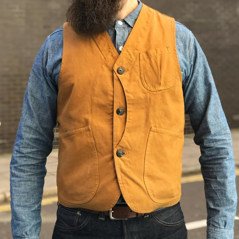 Vintage Brown Herringbone Cotton Single Breasted Vest
