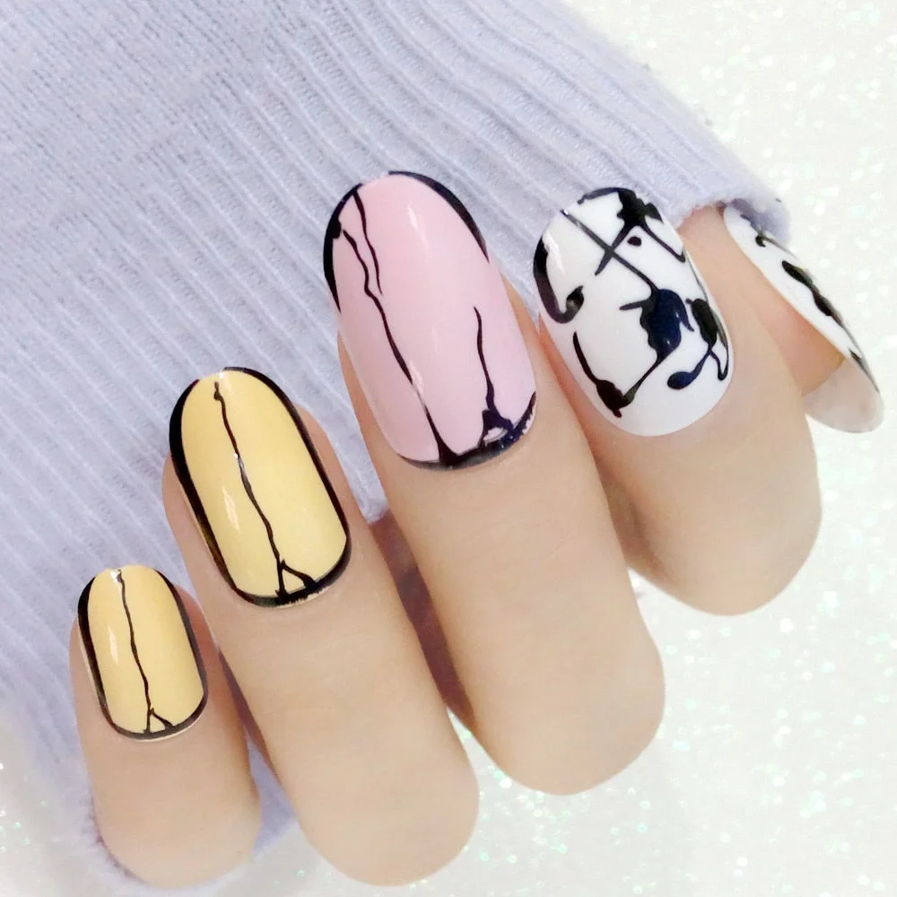 24Pcs Short Square Artificial Fake Nails DIY Press On False Nails With Design Acrylic Full Cover Tips Manicure Tool-Nail Inspo