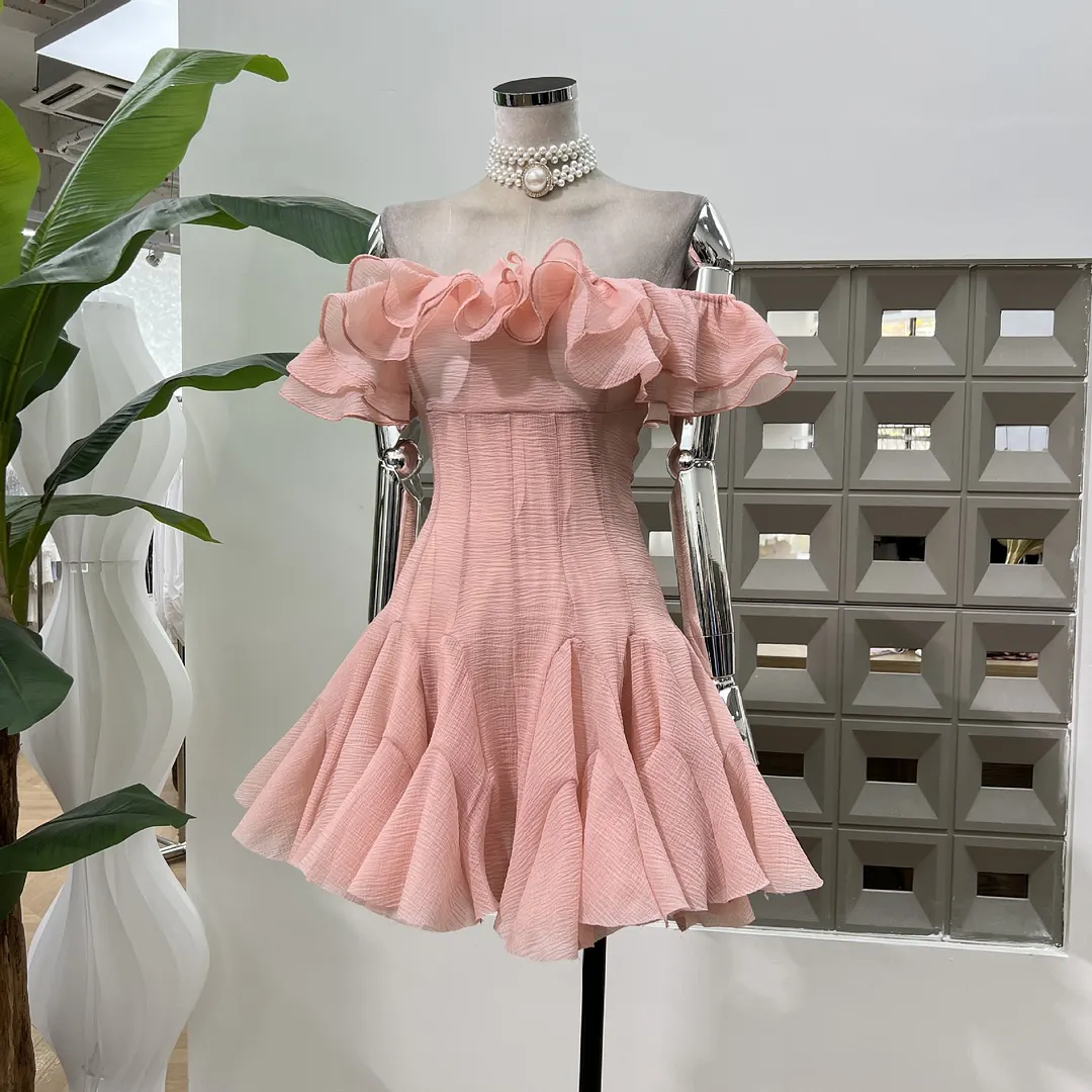 Brownm Gentle Lotus Leaf Petal Word Collar Solid Fairy Short Dress Waist Niche Hip Party Elegant Temperament