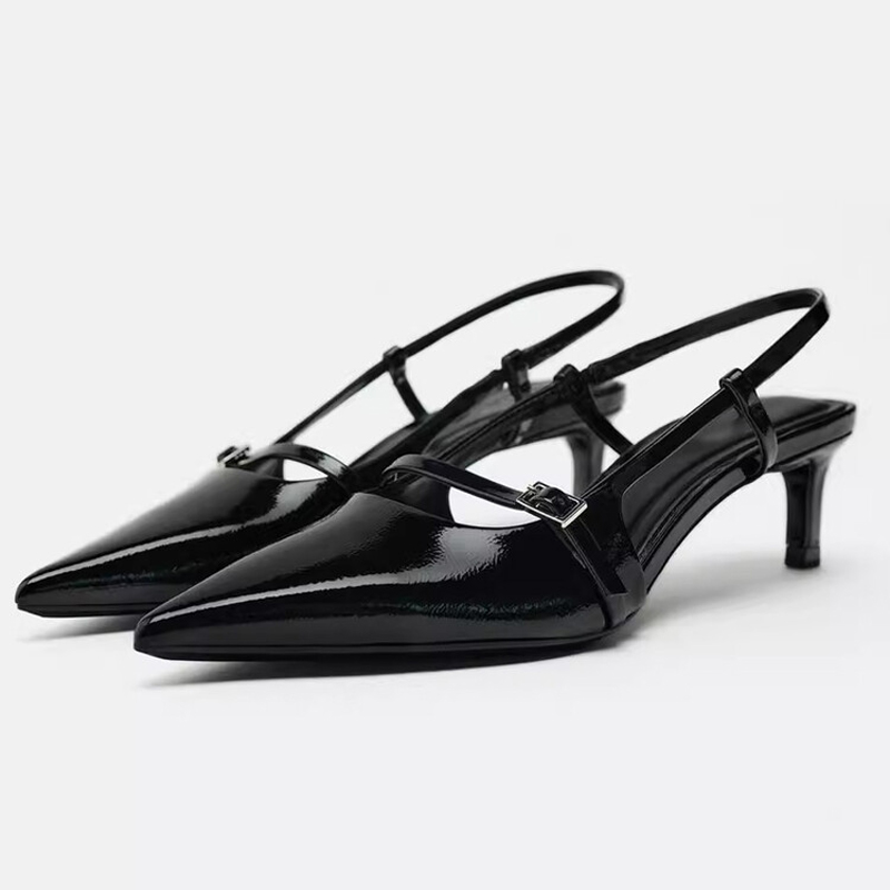 GOOSHOE Women Cross Straps Denim Sandals Middle Heels Back Strap Shoes Slingback Pointy Closed Toe Patent Leather Pumps