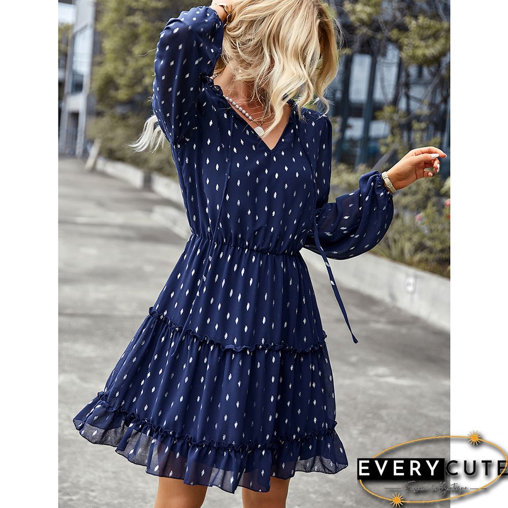 Navy Blue Lace-up Ruffle Detail V Neck Casual Dress