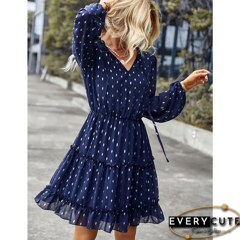 Navy Blue Lace-up Ruffle Detail V Neck Casual Dress