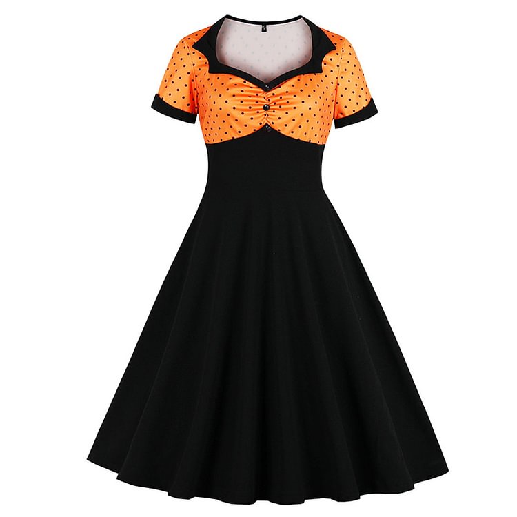 Colorblock Polka Dots Square Collar Vintage Dress - Modakawa modakawa